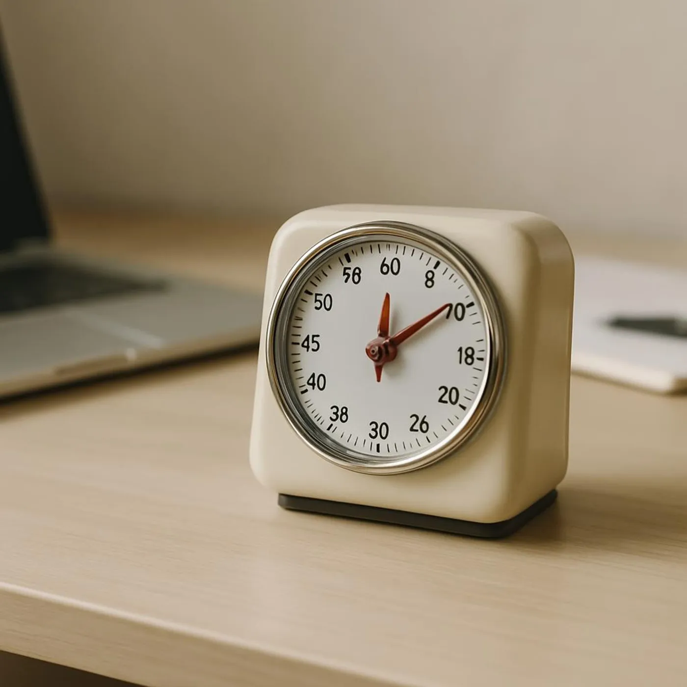 A retro timer ticking down on a clean desk.