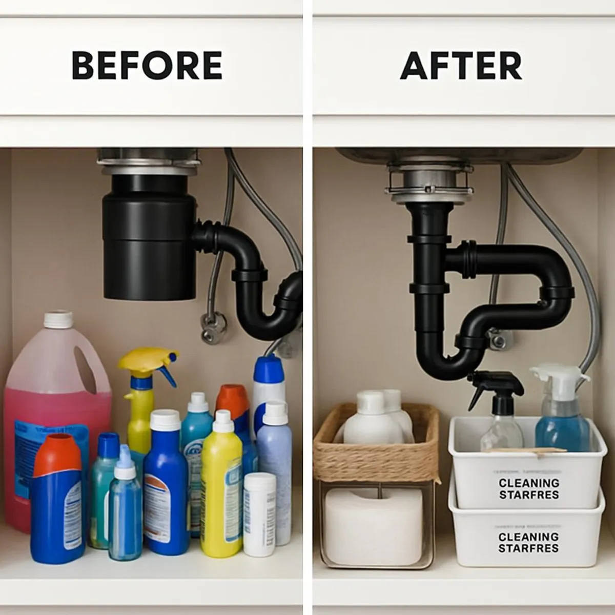 A satisfying before-and-after under-sink transformation collage