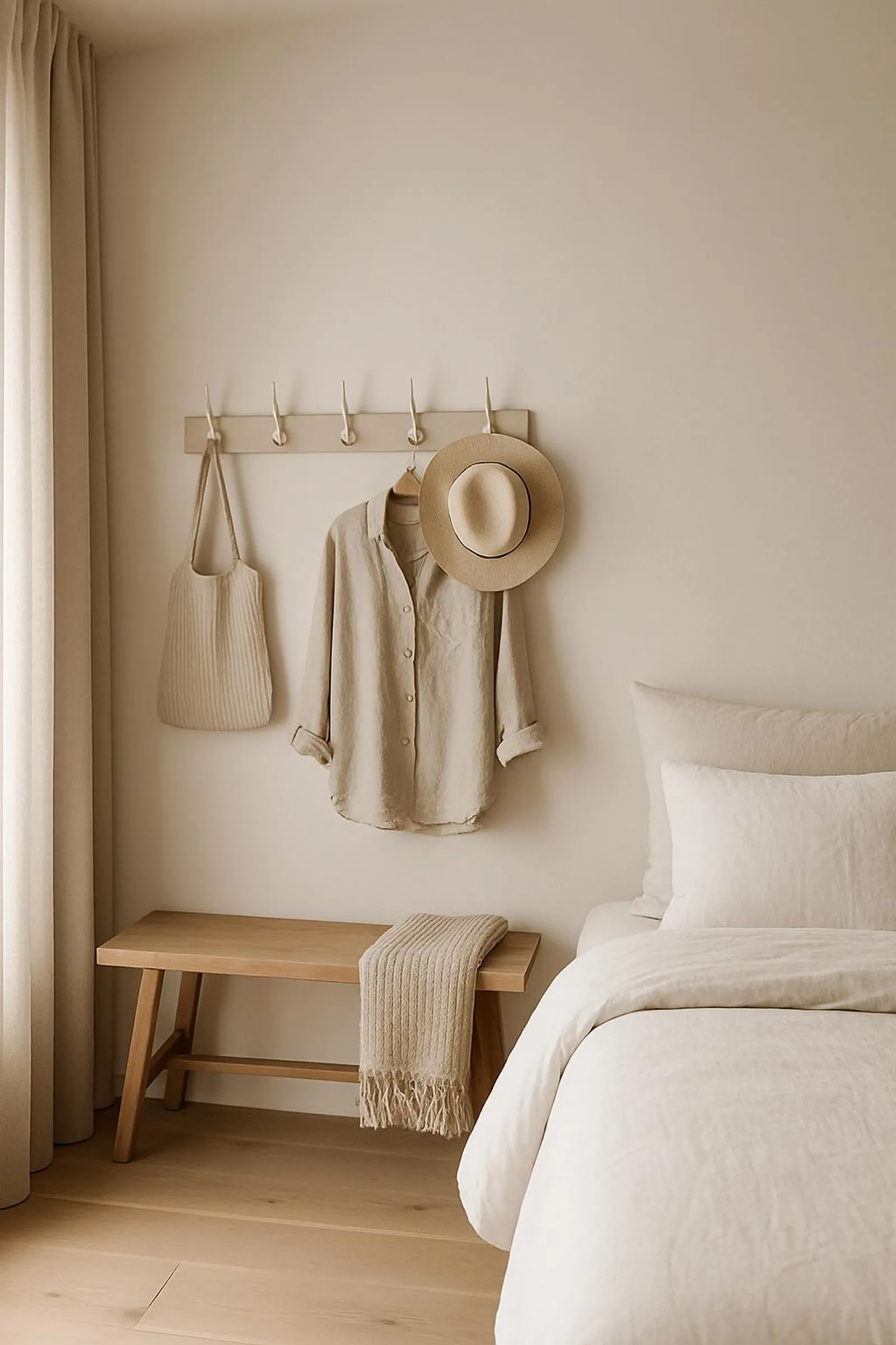 A serene, chair-free bedroom corner with a small bench and hooks.