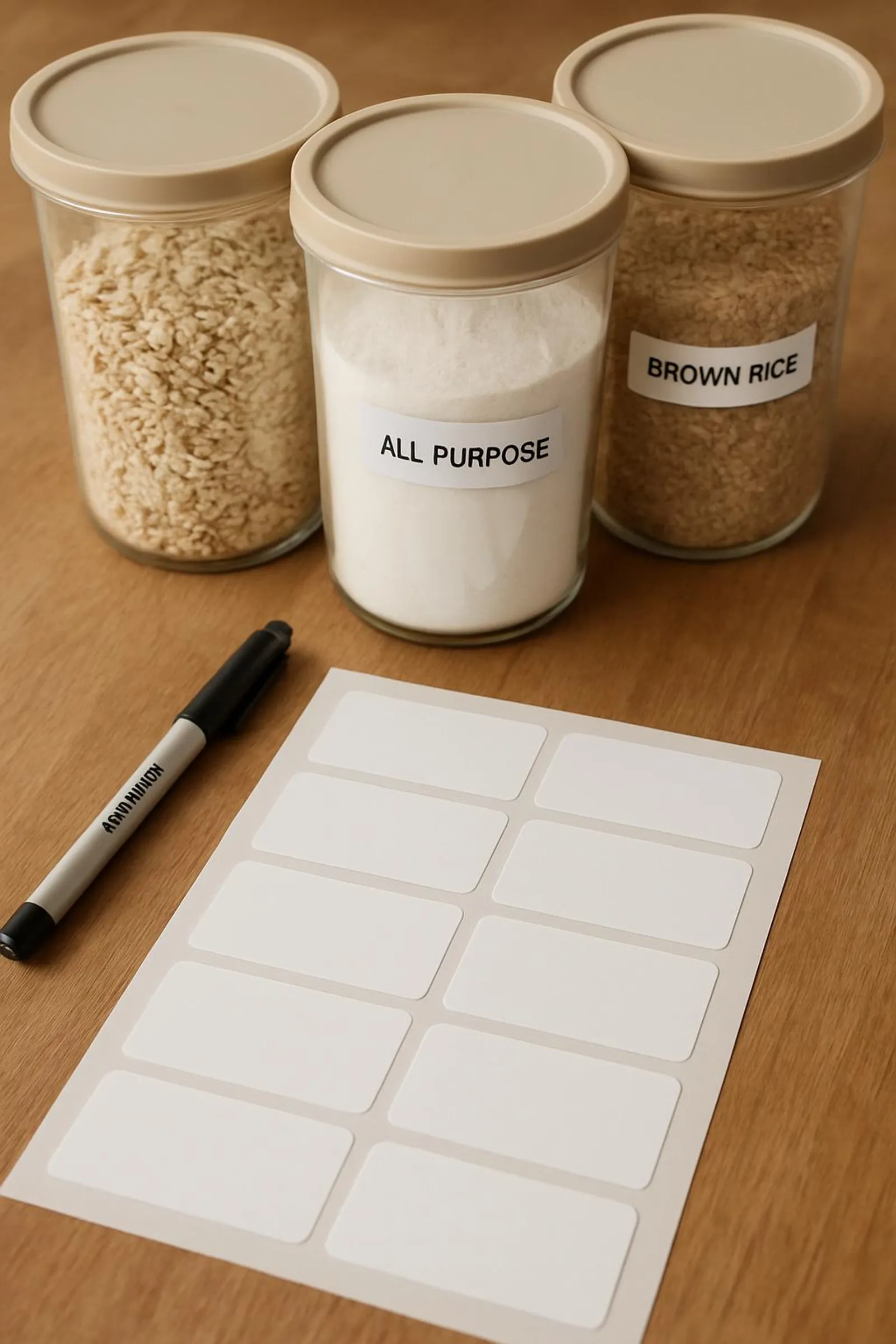 A sheet of blank 2x4 labels, a marker, and filled containers ready to label