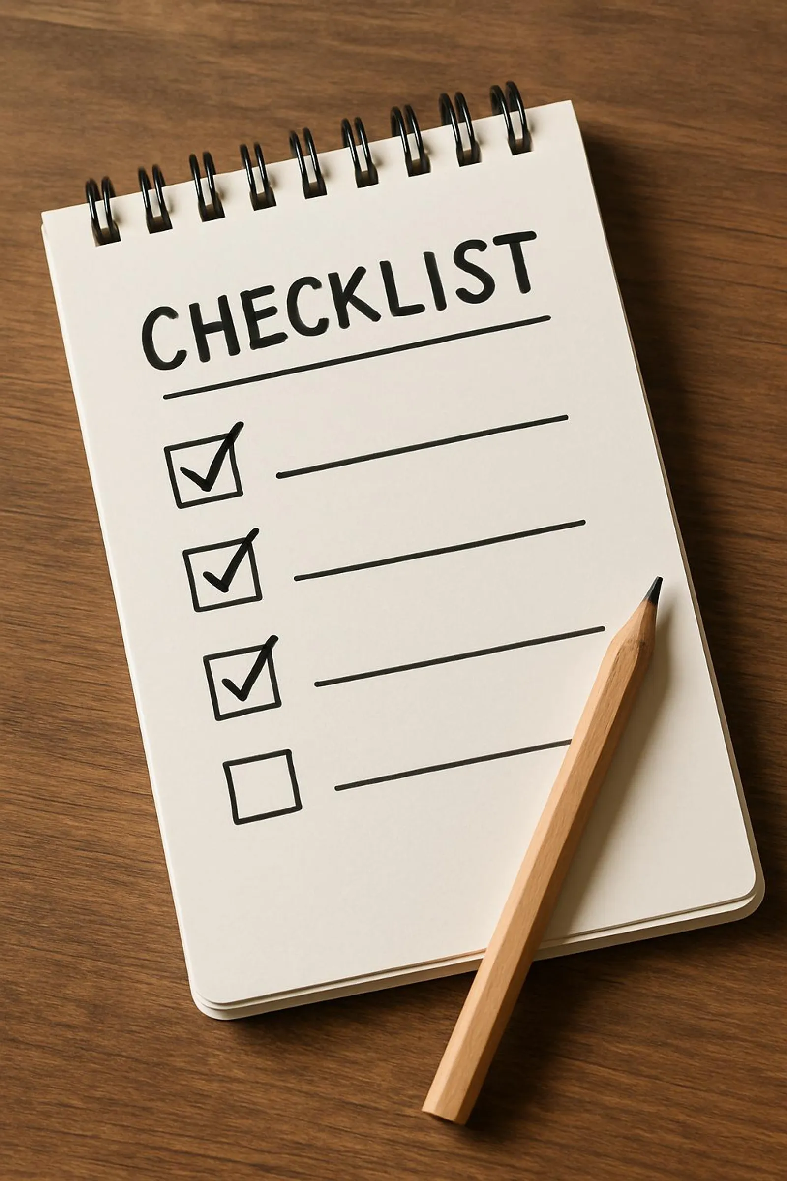A simple checklist written on a white notepad with a pencil