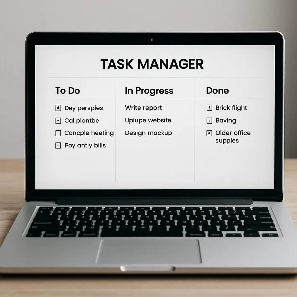 A simple digital task manager on a laptop screen with categorized tasks