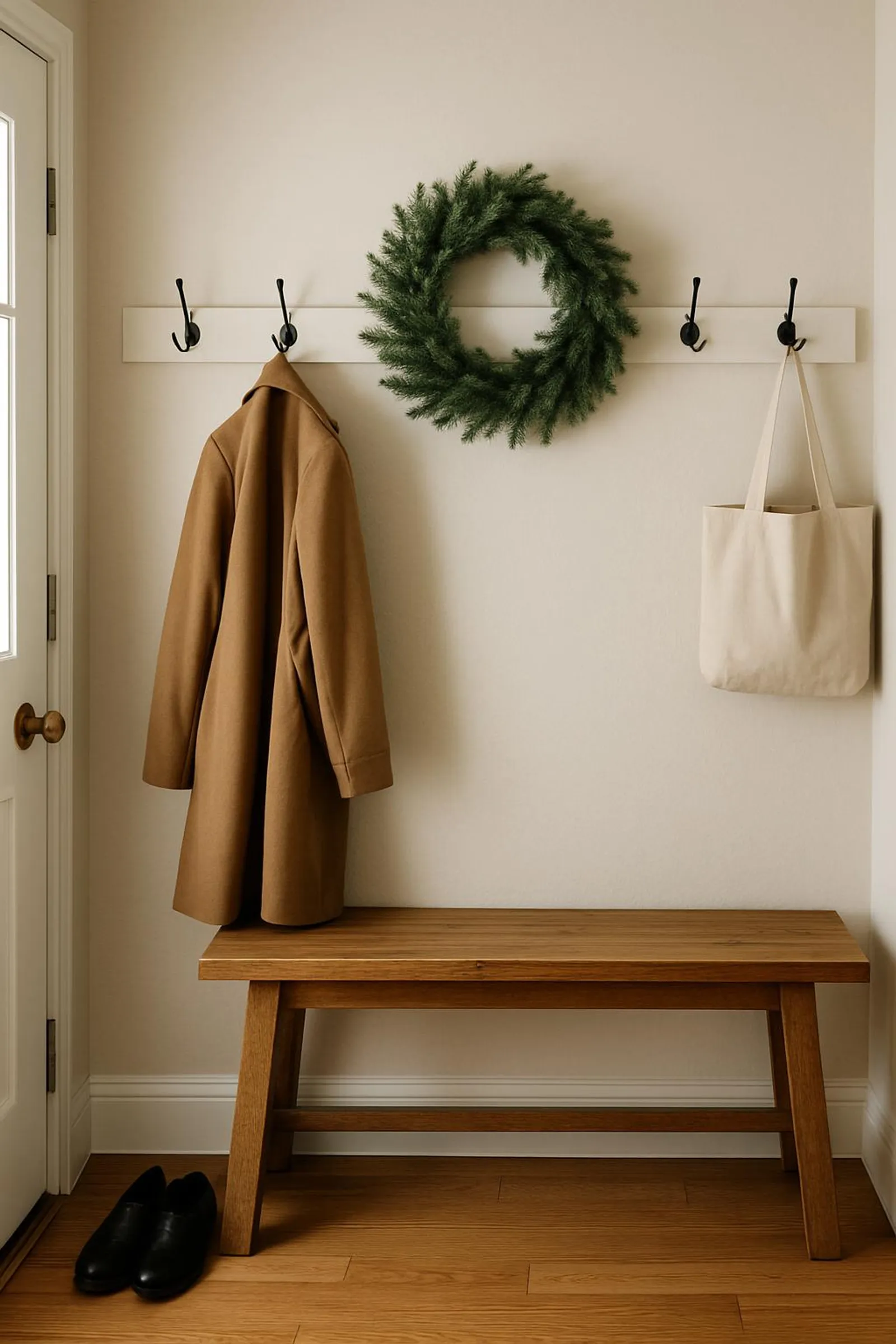 A simple entryway with hooks, a bench, and a small wreath—functional and festive.