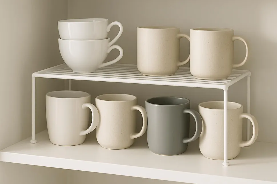 A simple shelf riser doubling vertical space for cups and mugs.