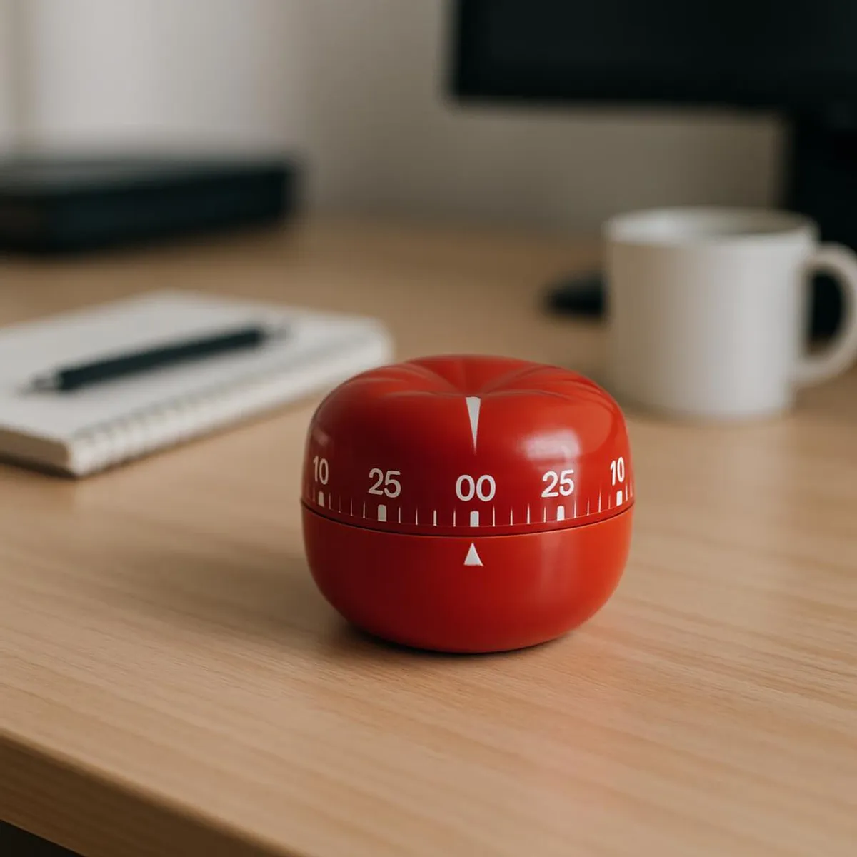 A simple timer on a desk, symbolizing focused bursts of time