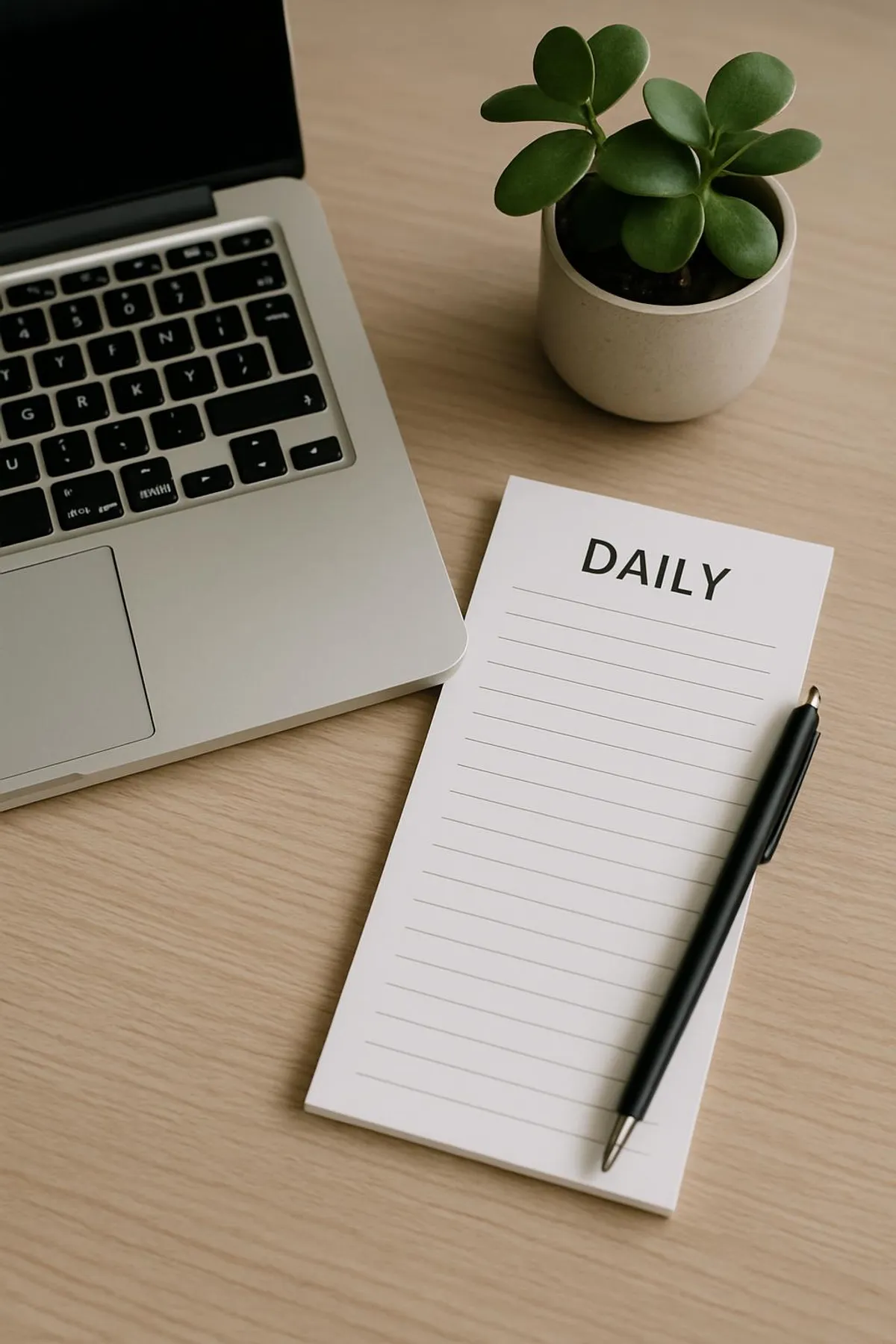A simple work scene with a notepad titled Daily next to a laptop and plant—calm and ready.