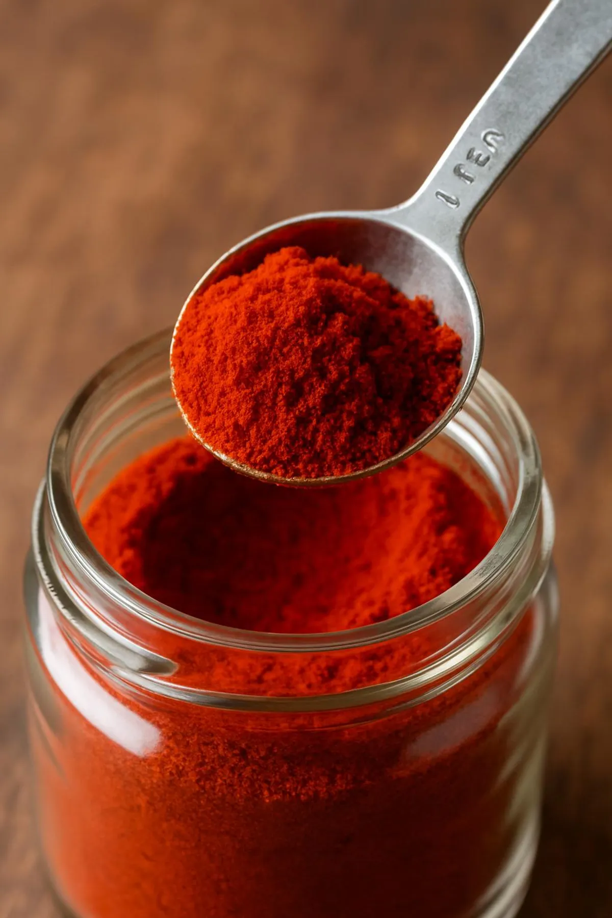 A single teaspoon measuring out bright red paprika from a fresh jar
