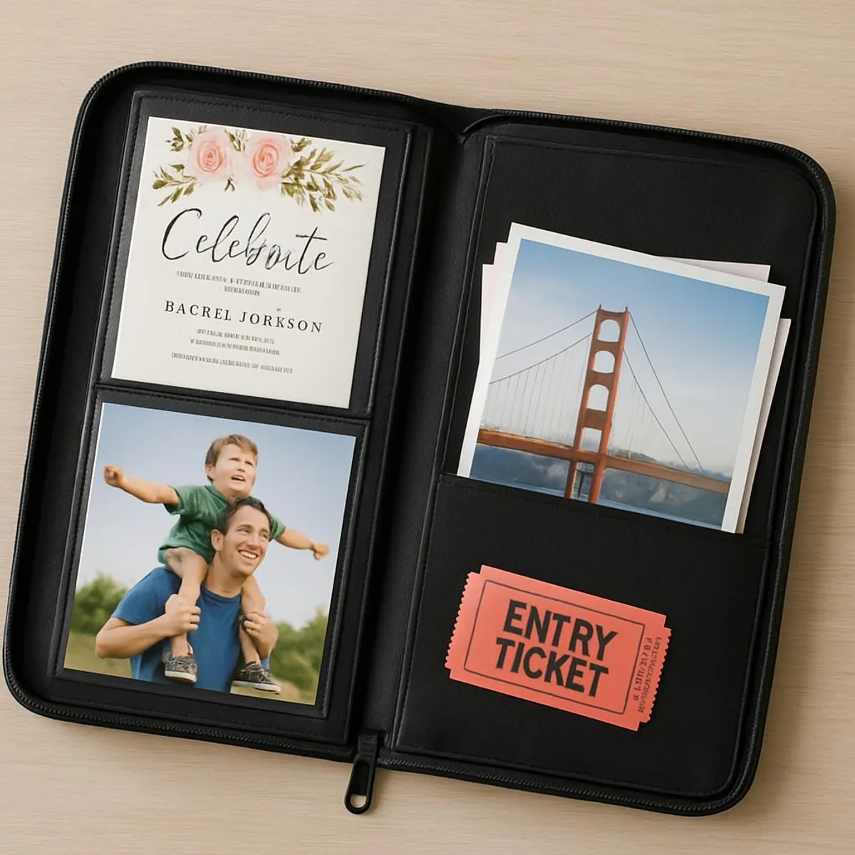A slim memory portfolio with a few special keepsakes neatly organized