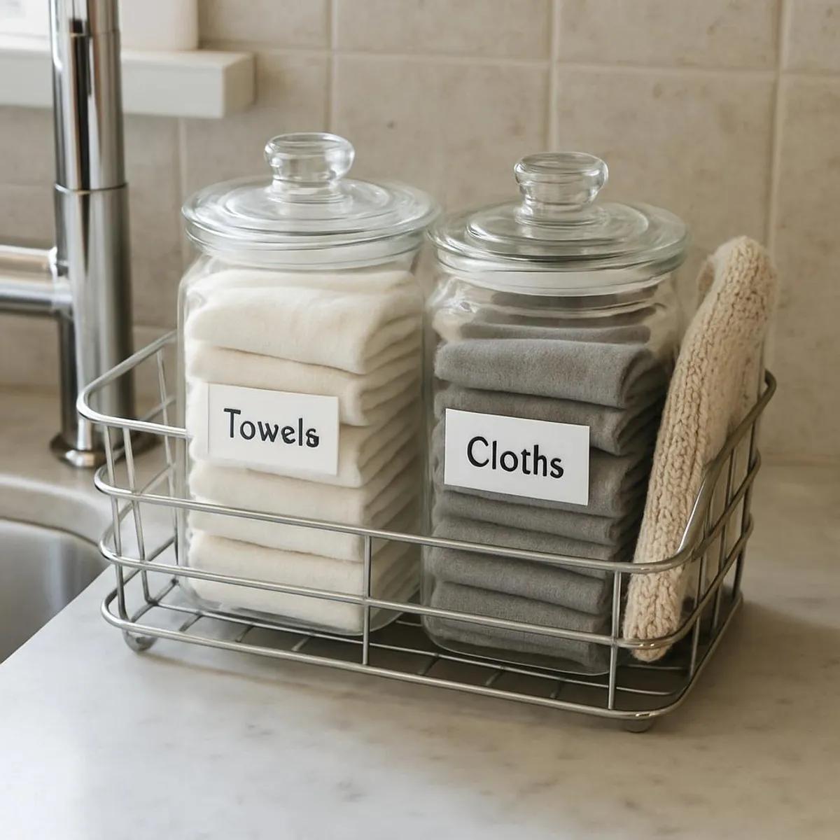 A small caddy by the sink with labeled jars full of folded cloths