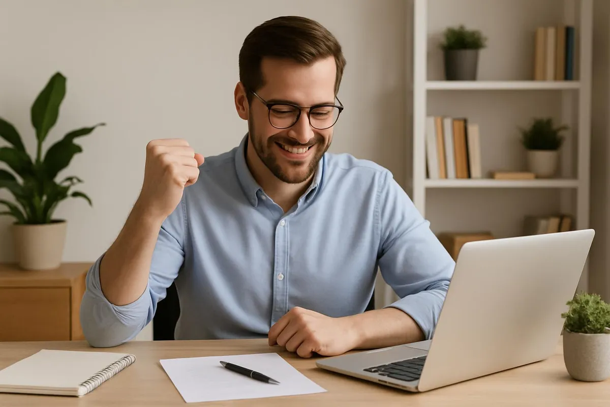 A small celebratory fist pump at a tidy desk after finishing a task