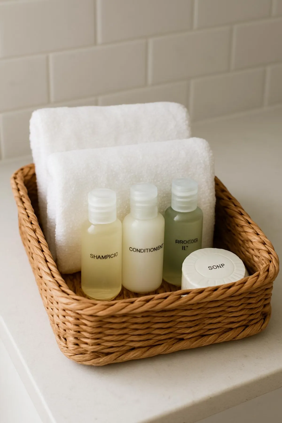 A small guest bin with towel set and travel toiletries