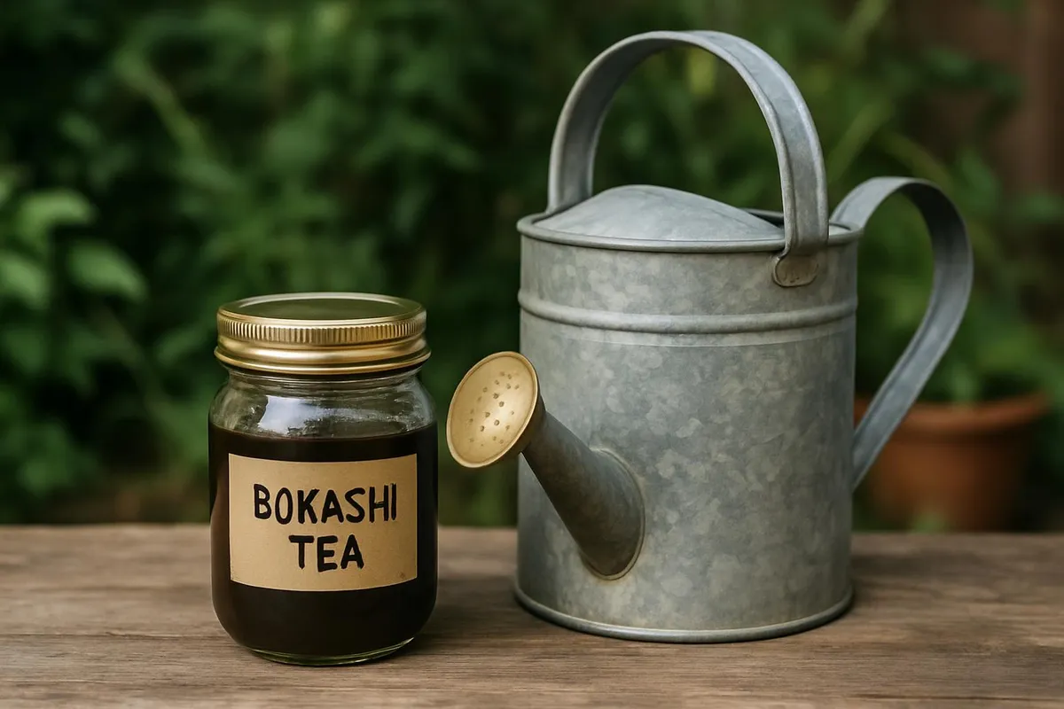 A small jar of bokashi tea beside a watering can, ready to dilute