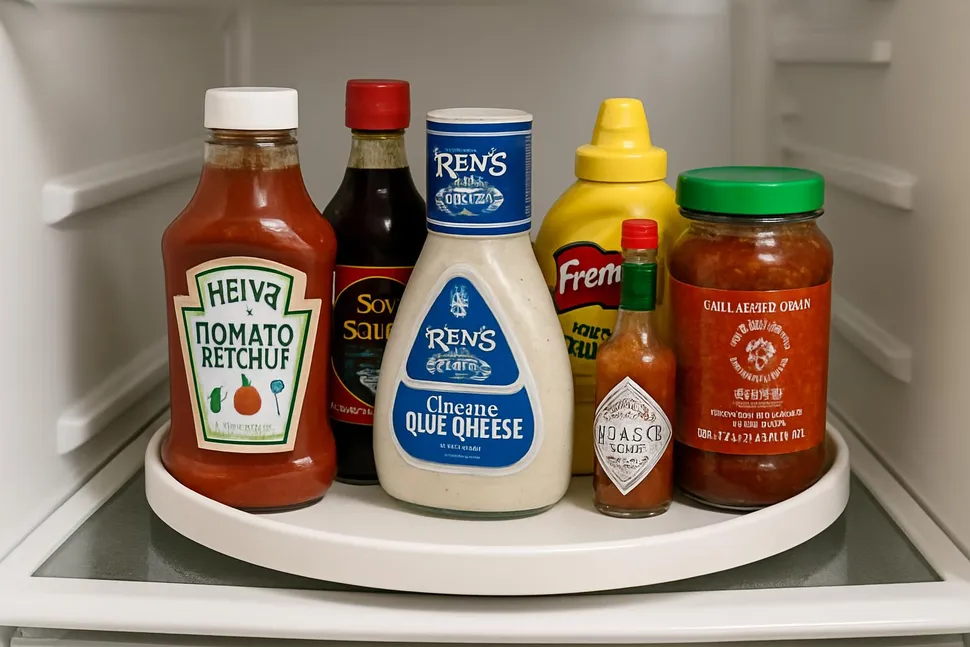 A small lazy susan corralling sauces on a fridge shelf.