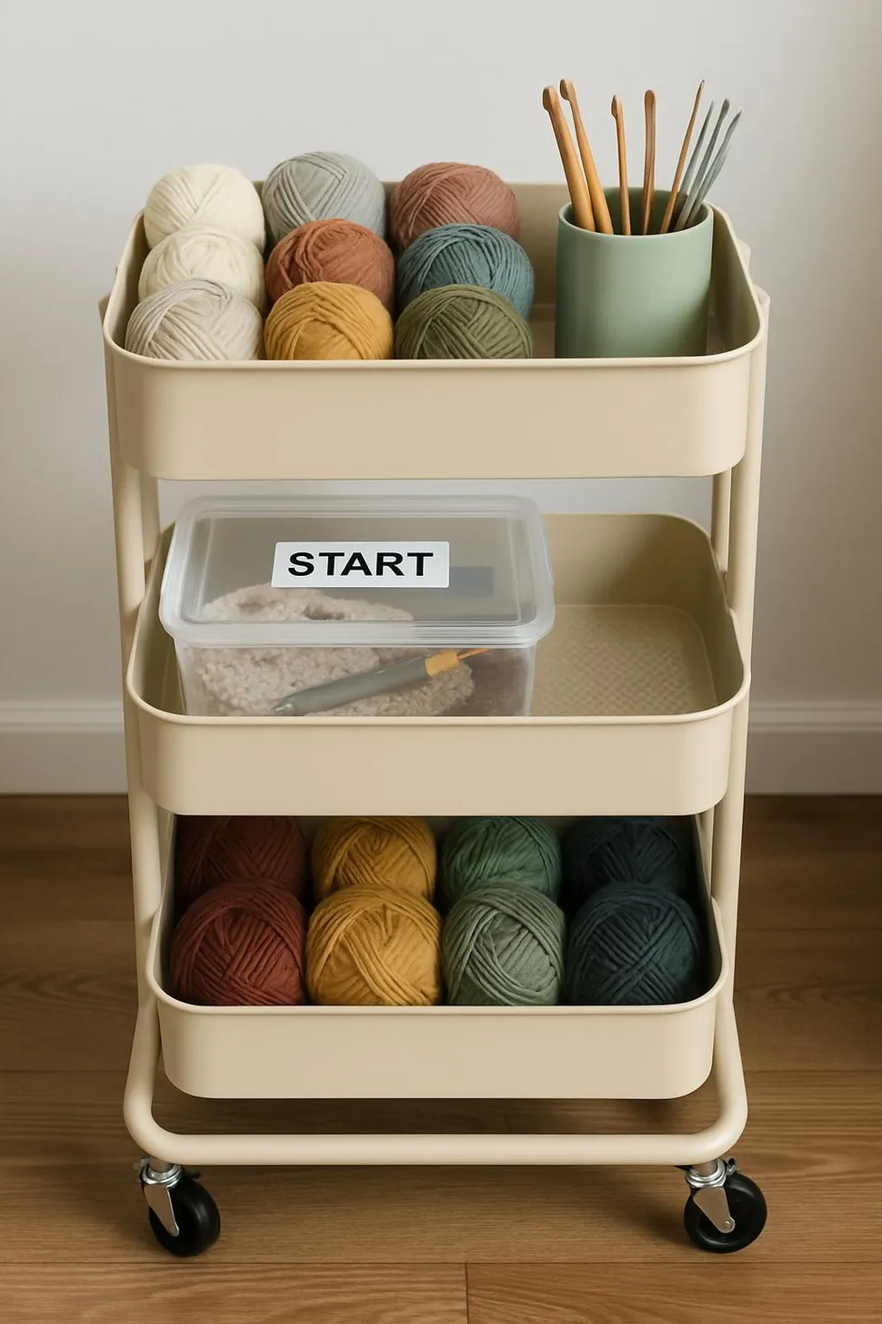 A small rolling cart holding yarn, hooks, and a portable start bin