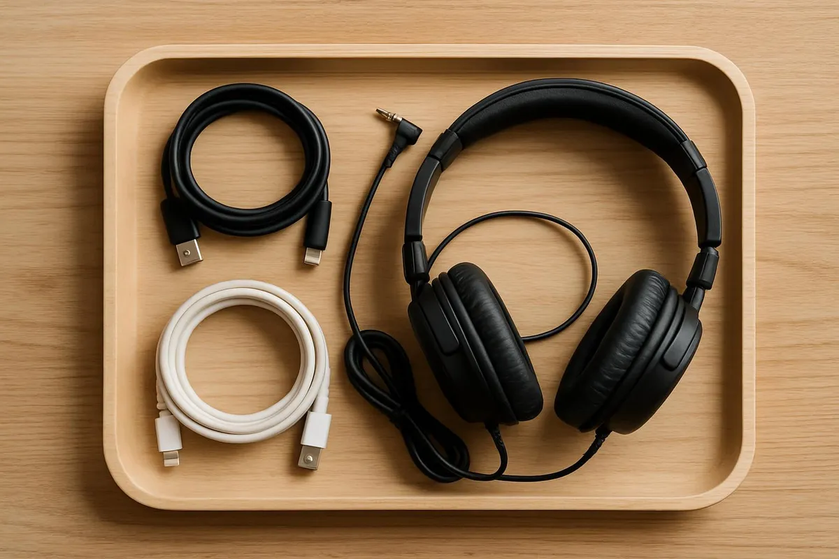 A small tray with neatly coiled cables and headphones