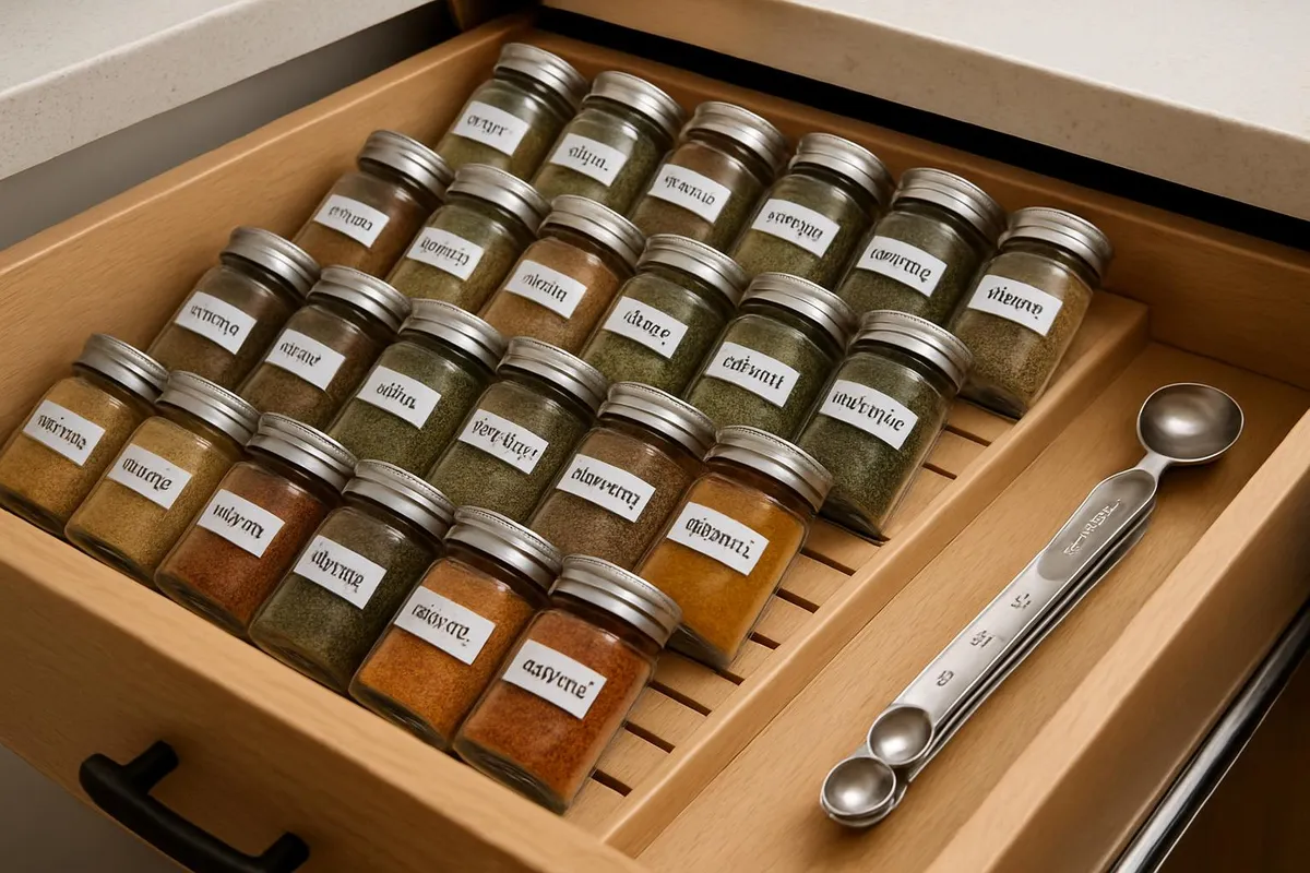 A spice drawer with angled jar labels, grouped by use, and magnetic measuring spoons