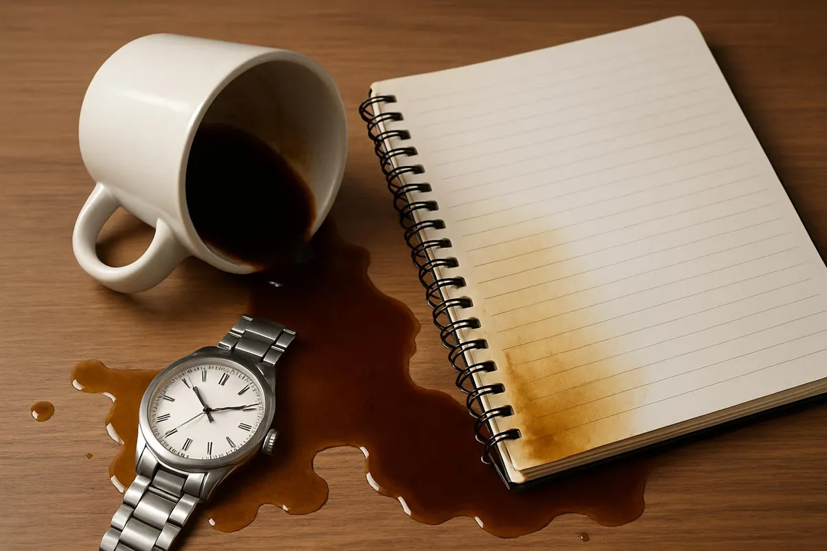 A spilled coffee mug next to a notebook and watch, symbolizing a time leak