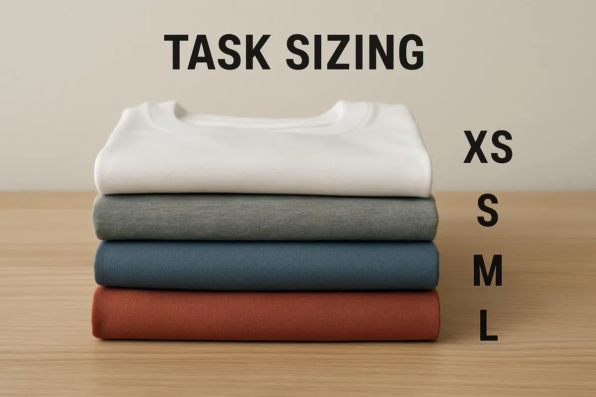 A stack of neatly folded t-shirts in different sizes, symbolizing task sizing