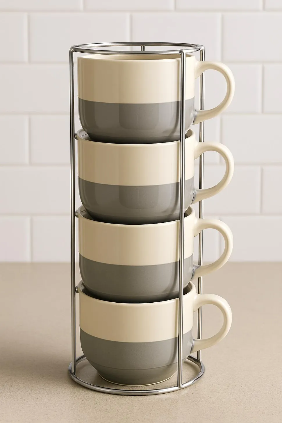 A stackable mug rack holding matching pairs without wobble.