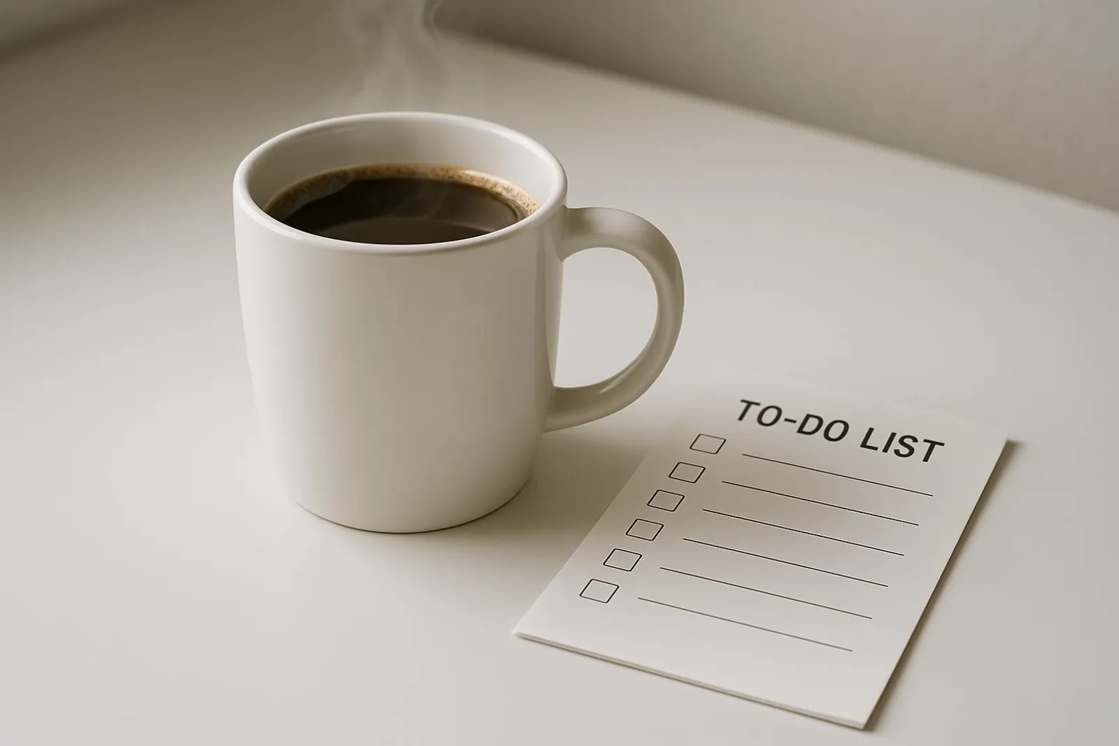 A steaming mug of coffee next to a simple to-do list on a clean desk.