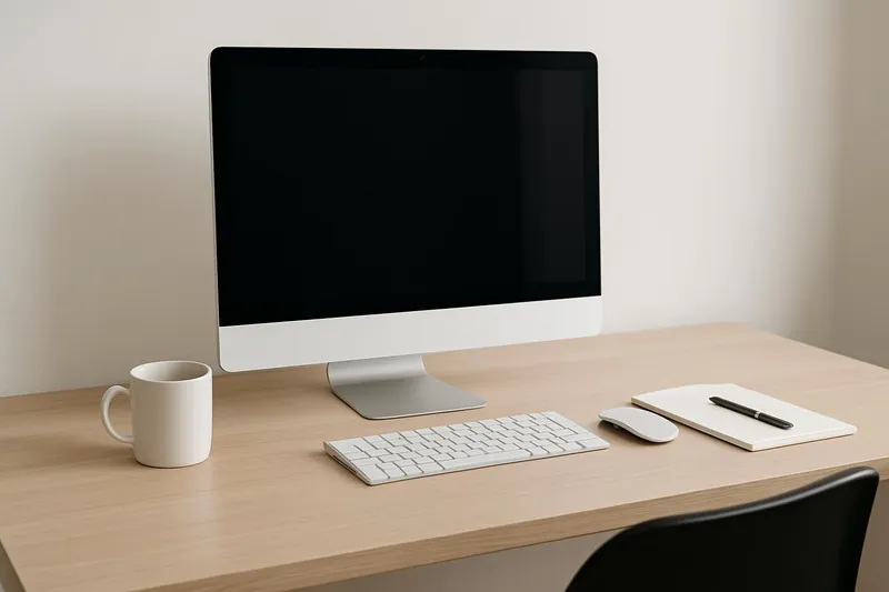 A stylish minimalist desk setup with a single coffee mug