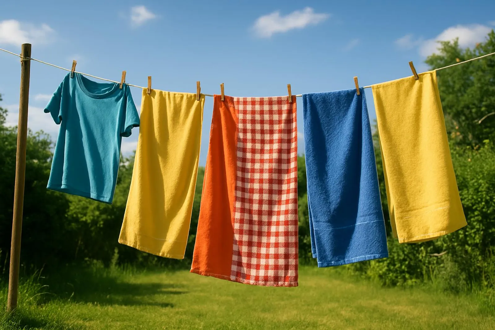 A sunny laundry line with colorful cloths and towels drying outdoors