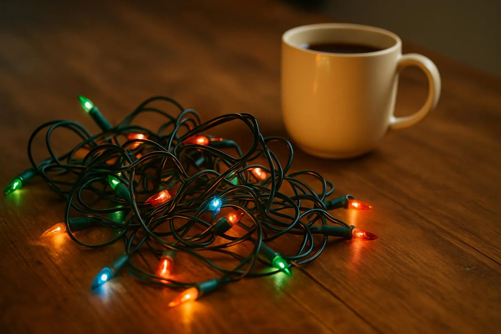 A tangled string of holiday lights on a wooden table next to a mug—aka chaos bait.