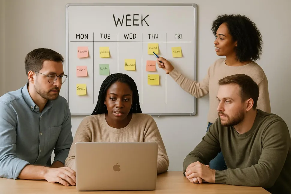 A team around a laptop planning a week on a whiteboard
