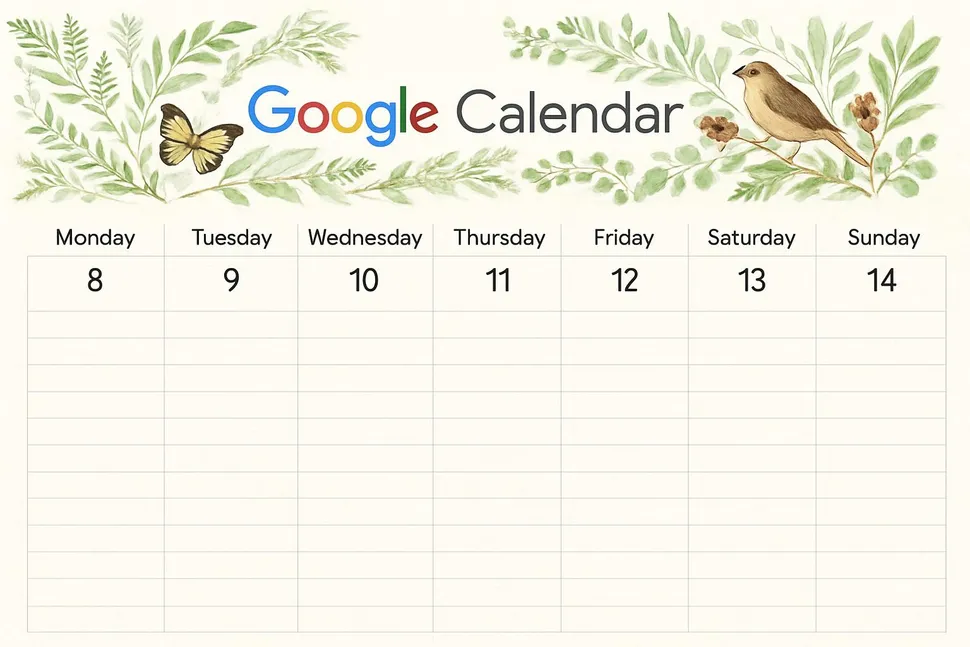 A themed weekly Google Calendar layout