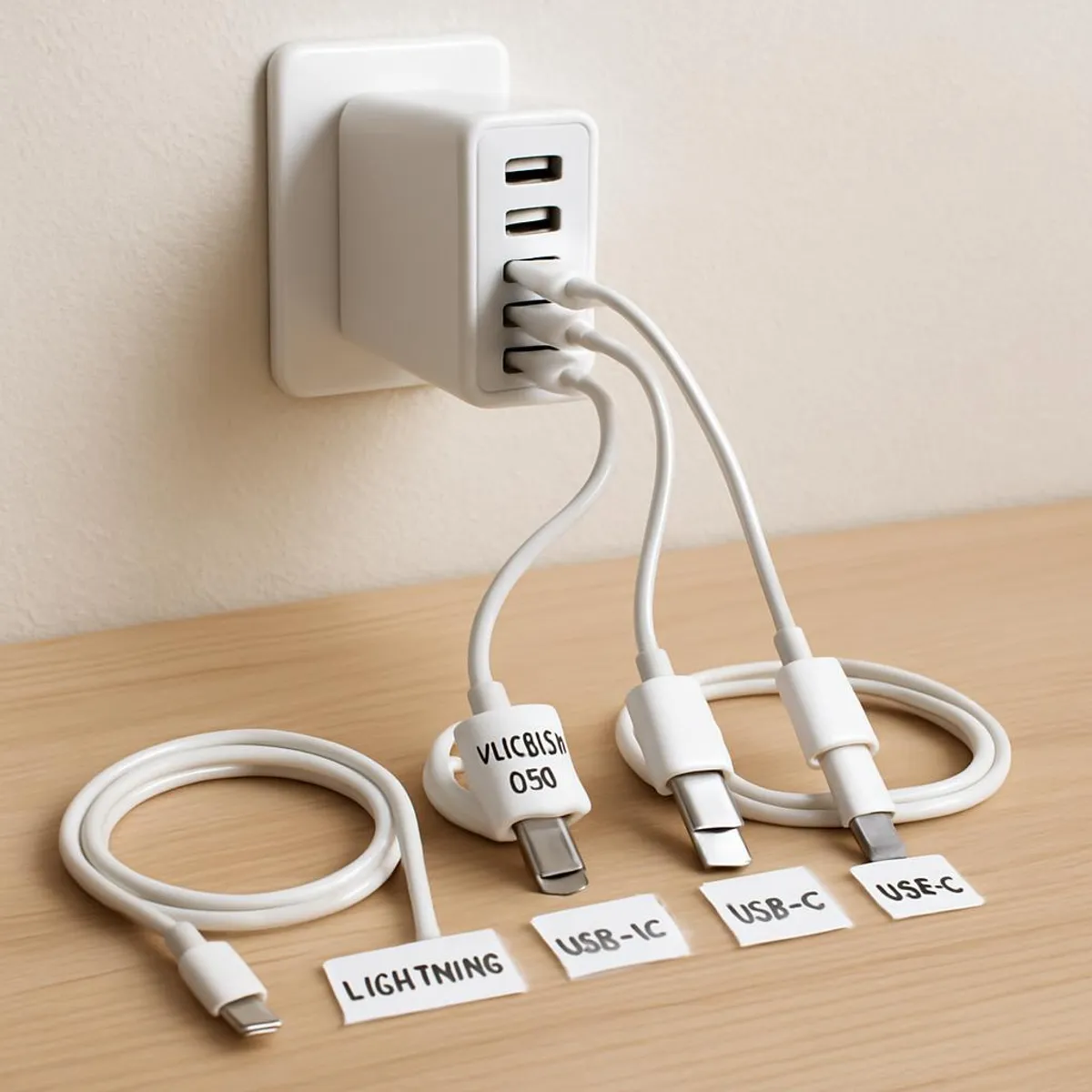 A tidy charging station with labeled cables and a multi-port charger