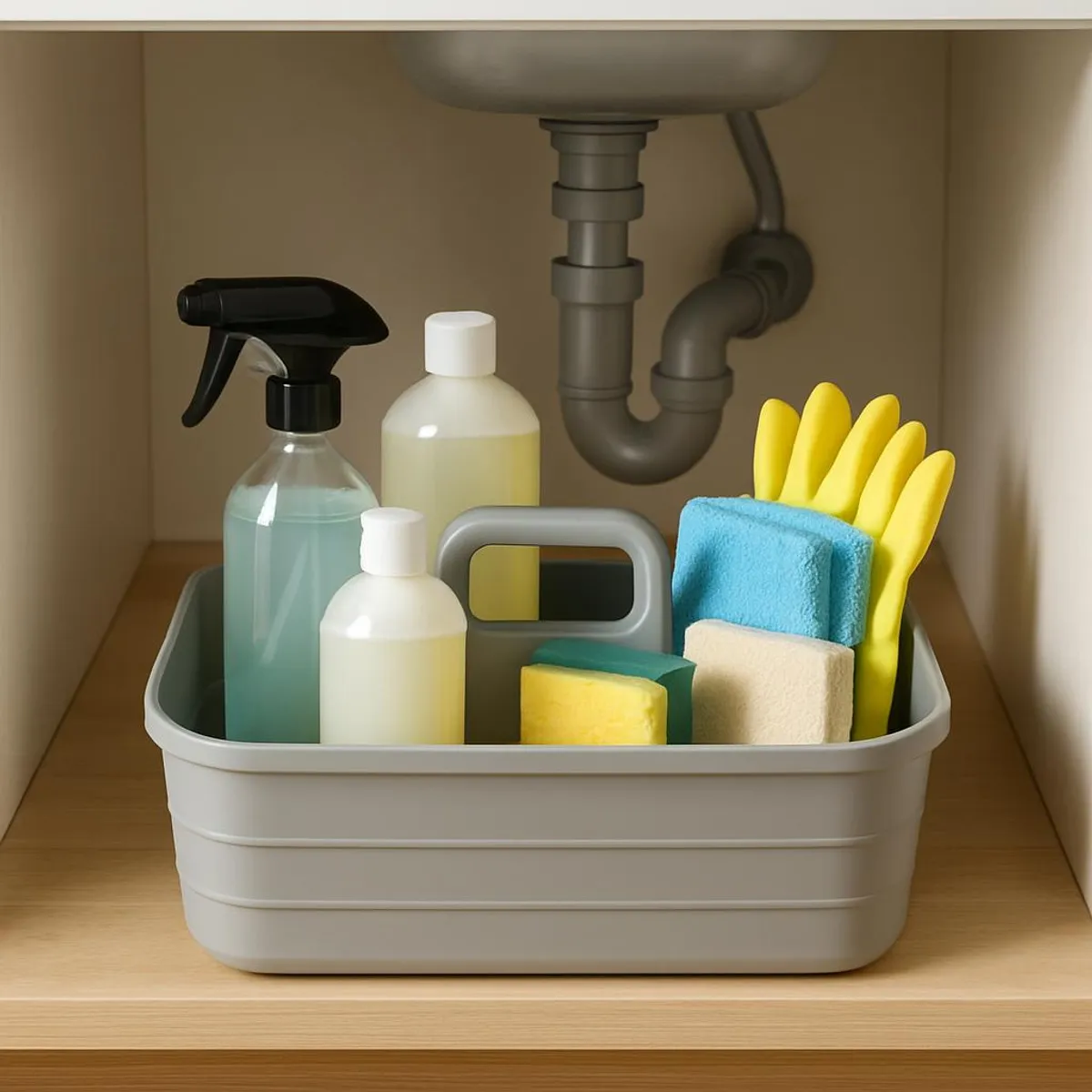 A tidy cleaning caddy under the sink with neatly arranged supplies