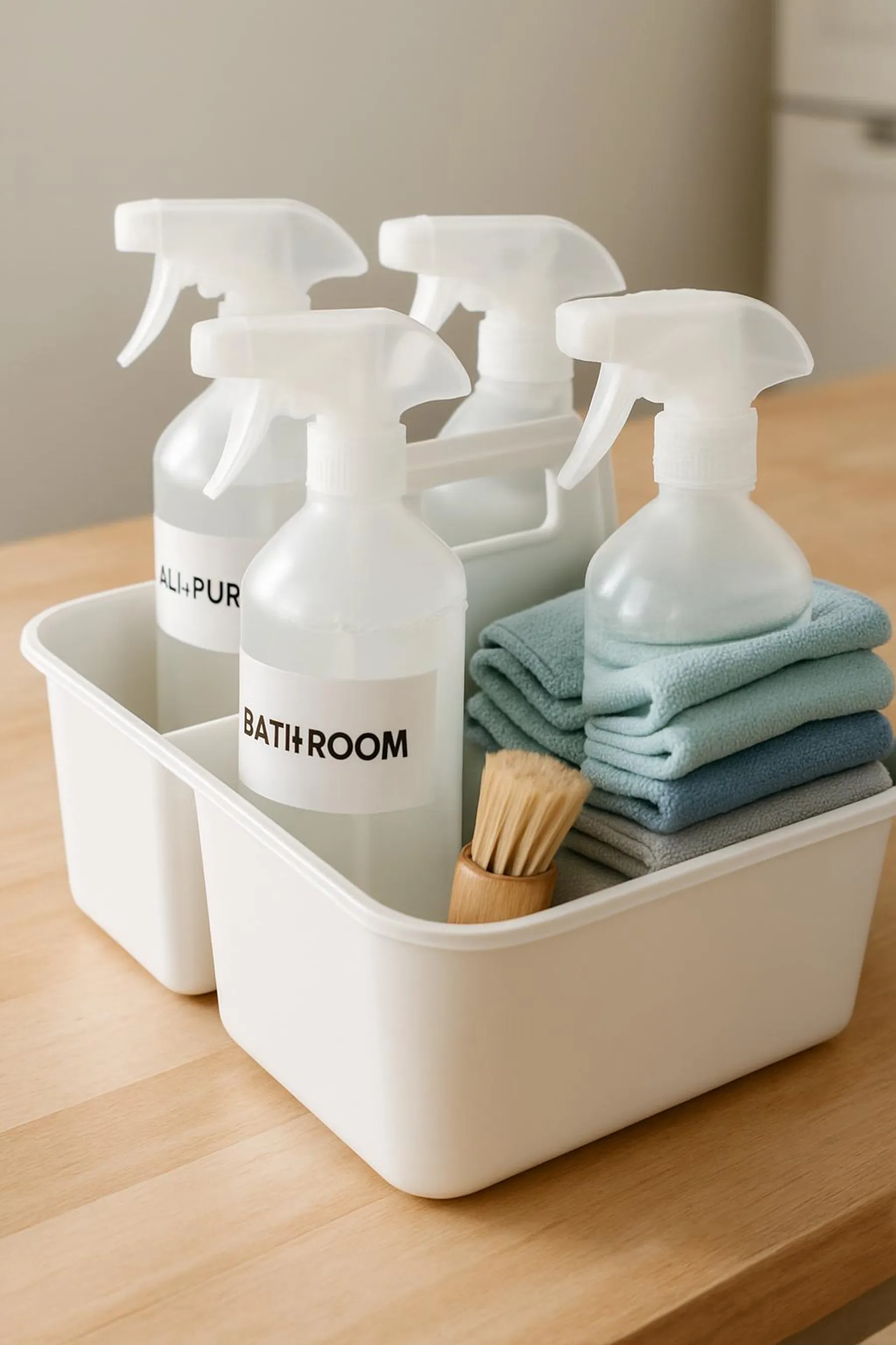A tidy cleaning caddy with labeled bottles, microfiber cloths, and a small brush