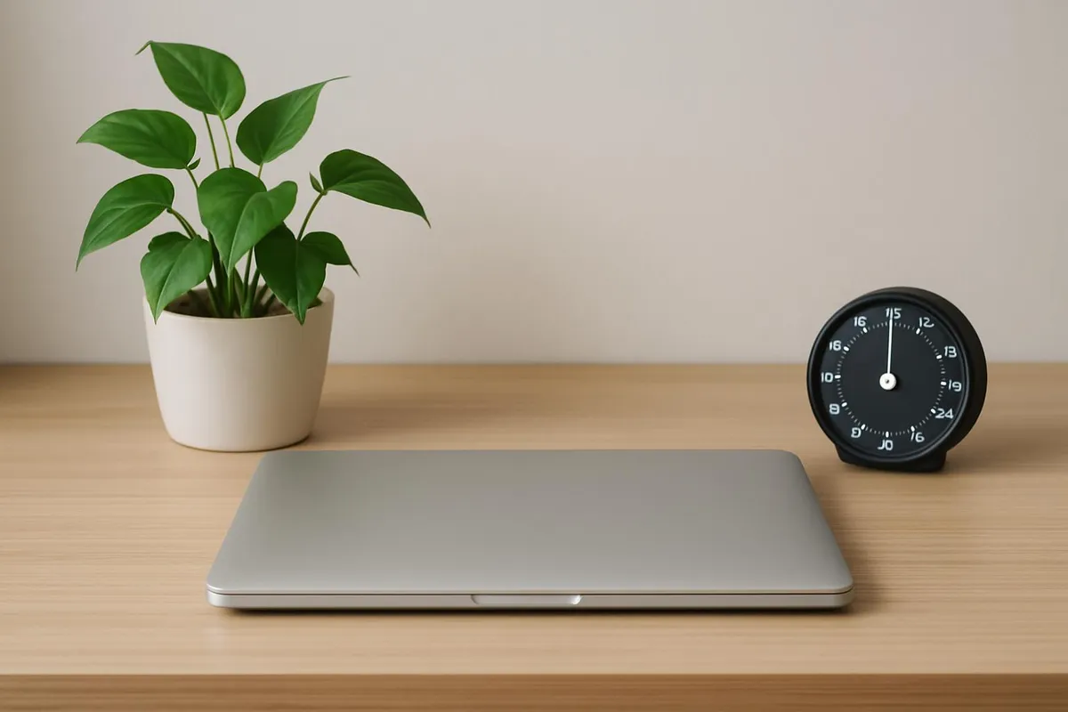 A tidy, closed laptop on a clean desk next to a plant and a timer