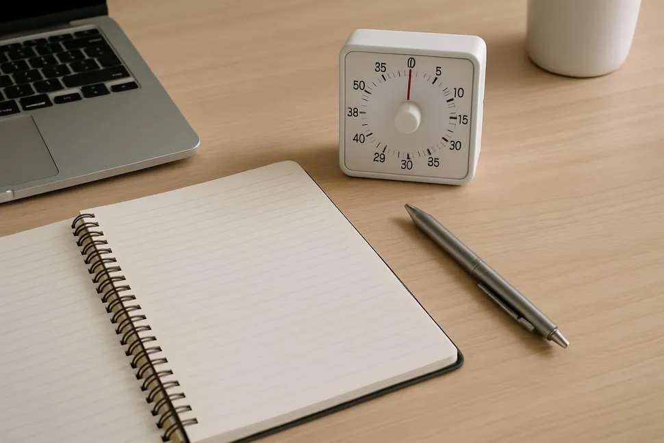 A tidy desk with a notebook and timer to plan work blocks