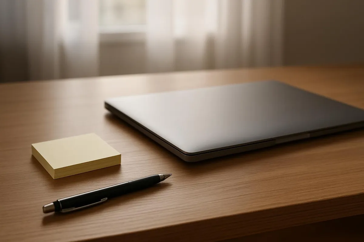 A tidy desk with a pen, sticky notes, and a closed laptop to signal end of day