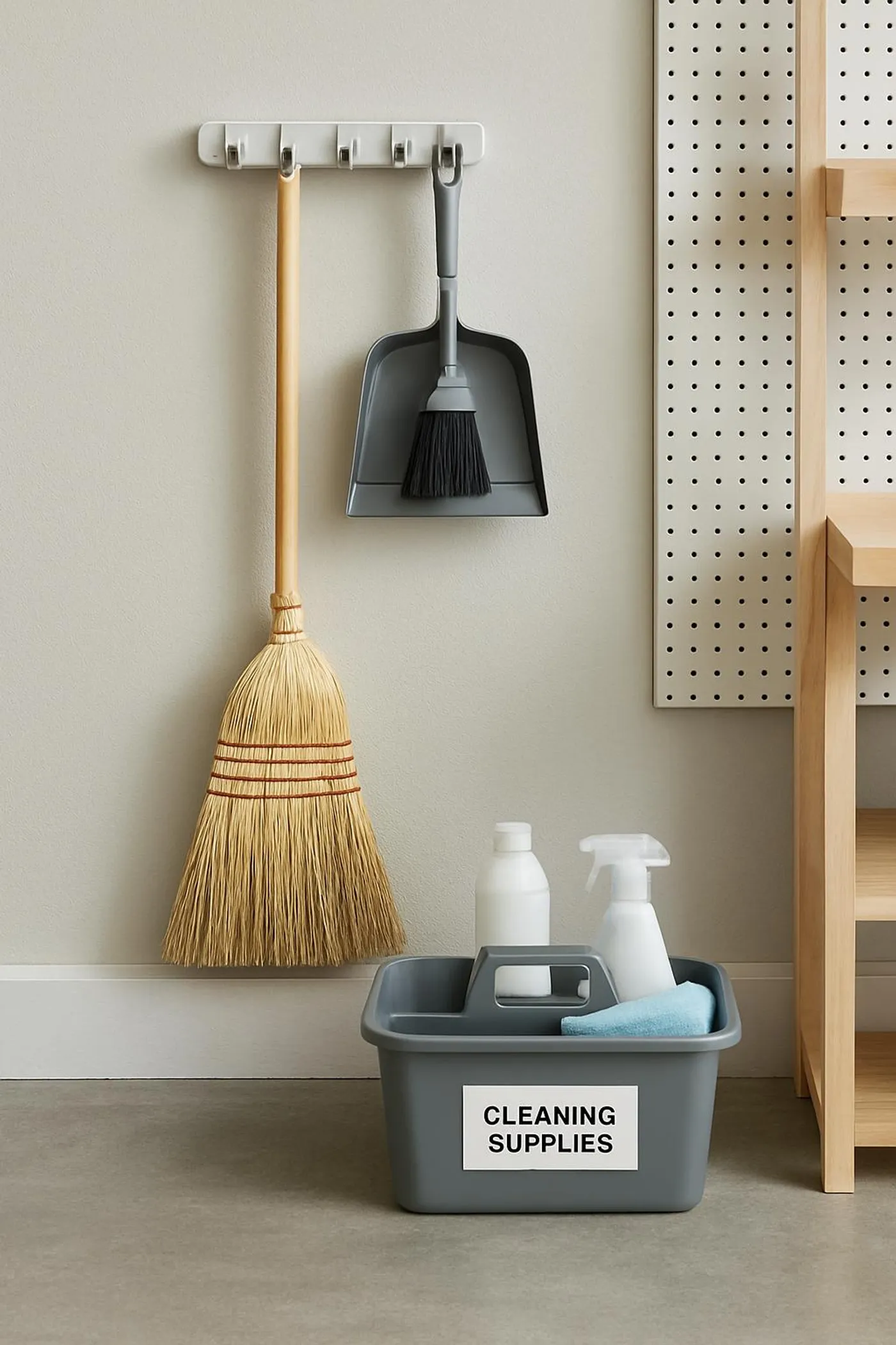 A tidy garage corner with a broom holder, dustpan, and labeled cleaning caddy