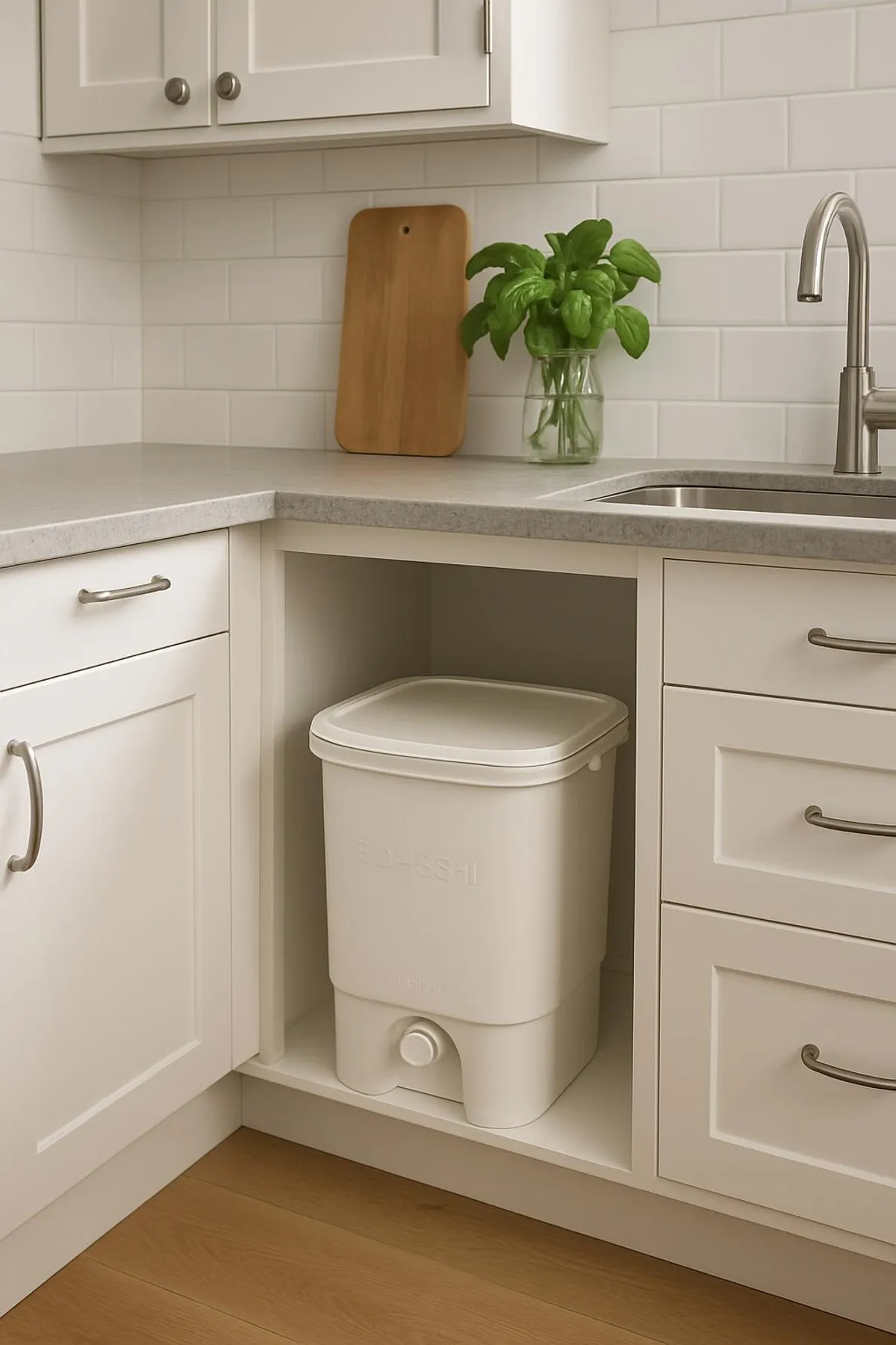 A tidy kitchen corner with a white bokashi bucket under the counter