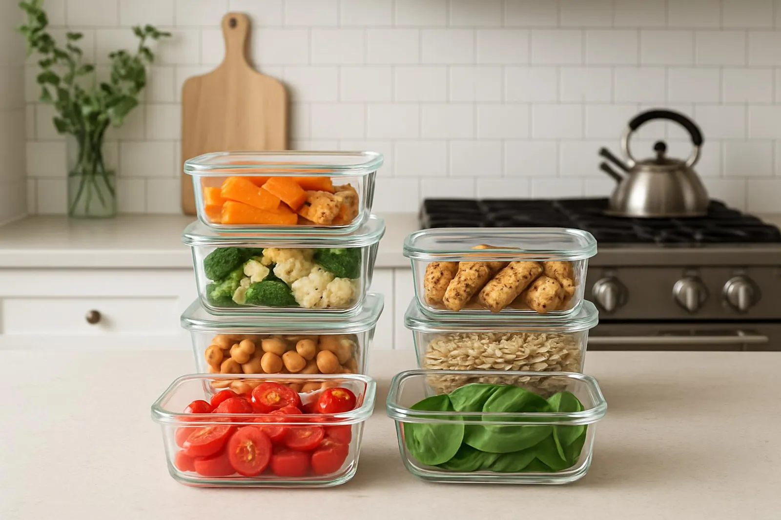 A tidy kitchen counter with glass containers filled with food prep