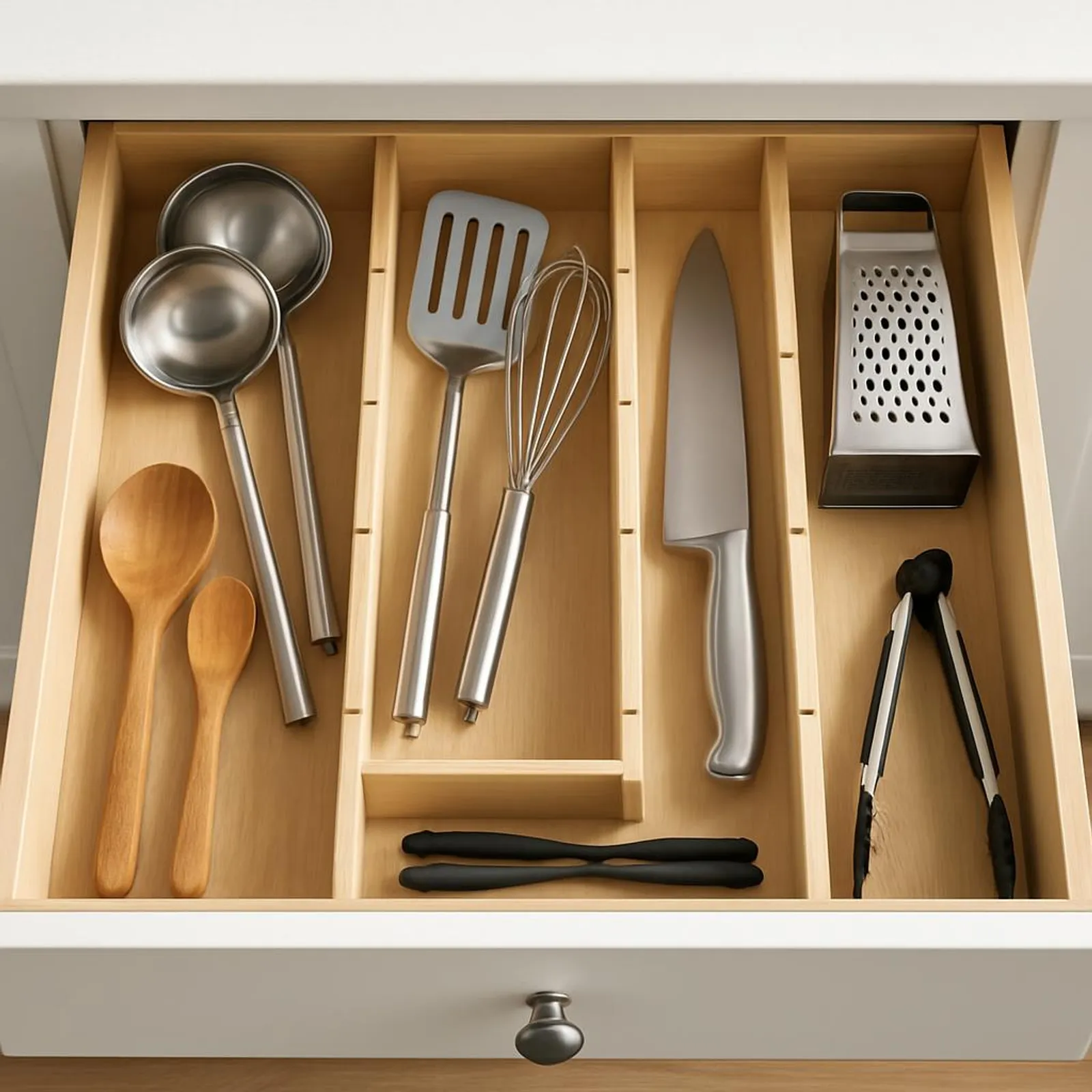 A tidy kitchen drawer with adjustable dividers and essential utensils