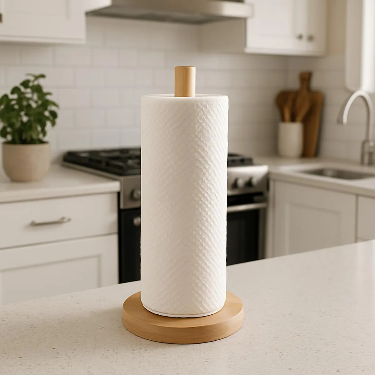 A tidy kitchen with a roll of reusable cloth towels on a holder