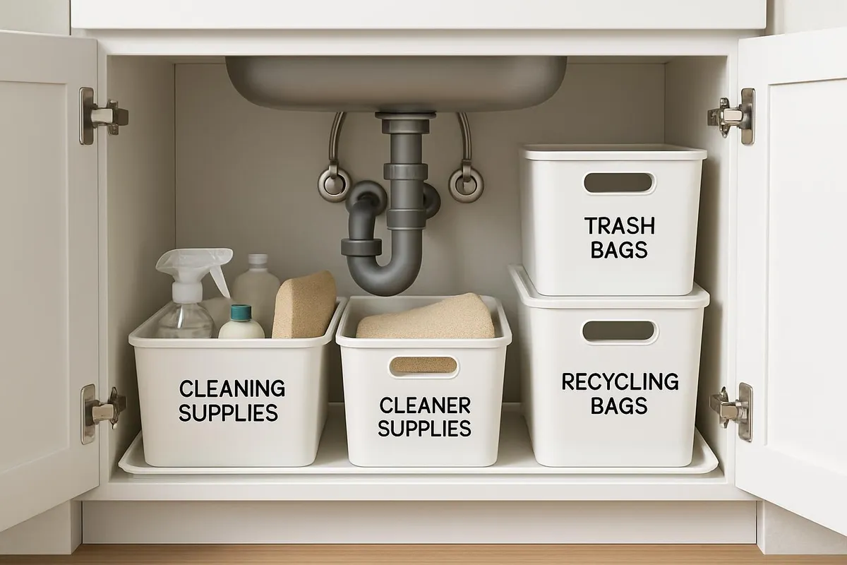 A tidy, labeled under-sink cabinet with bins and a leak tray
