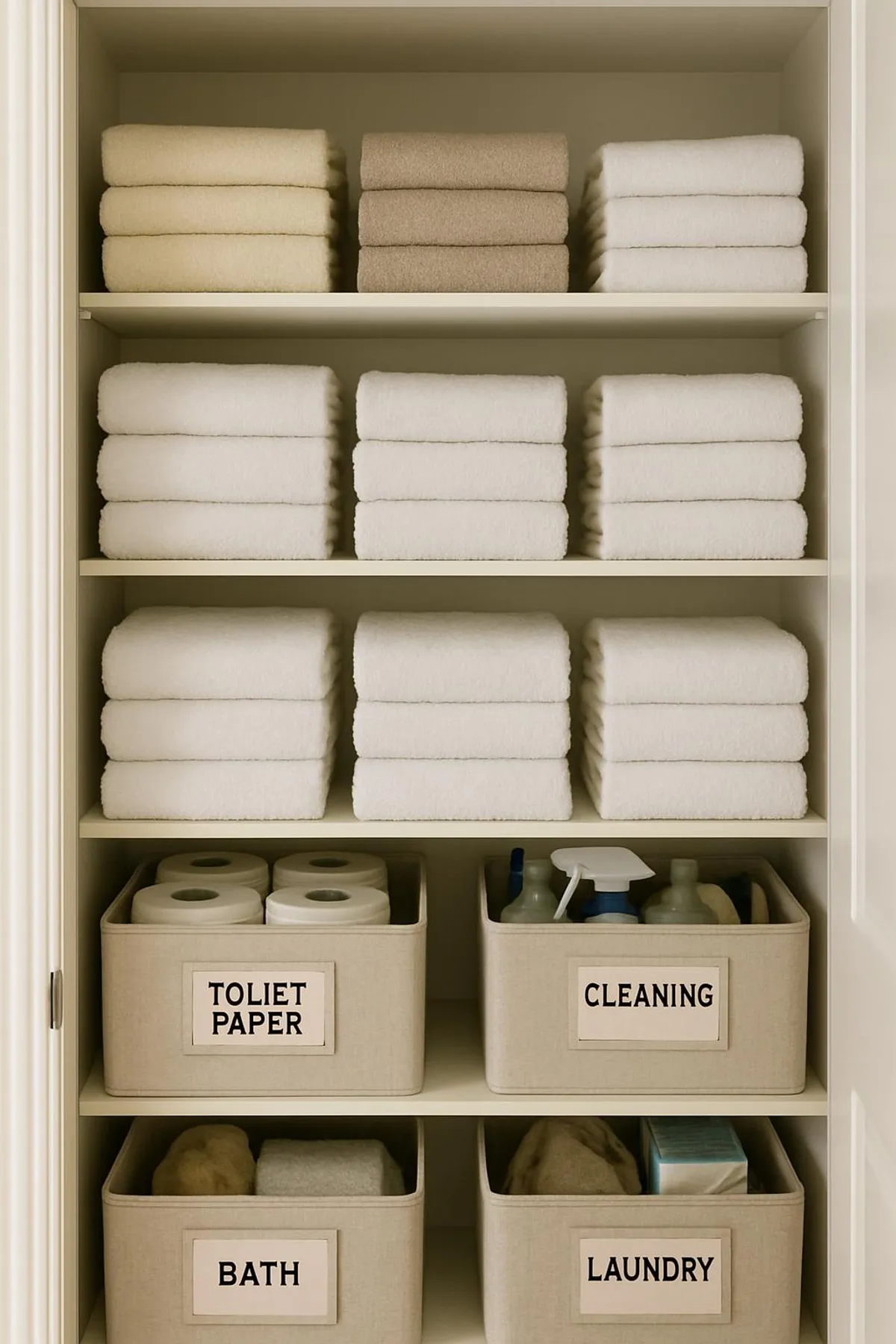 A tidy linen closet with neatly folded towels and labeled bins