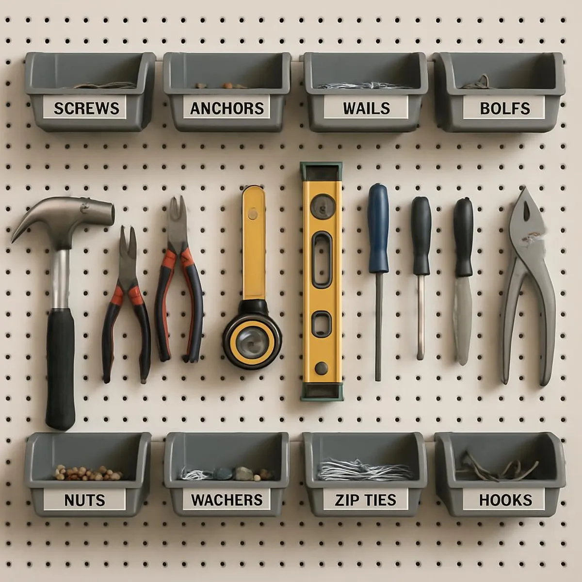 A tidy pegboard with labeled bins and tools within reach