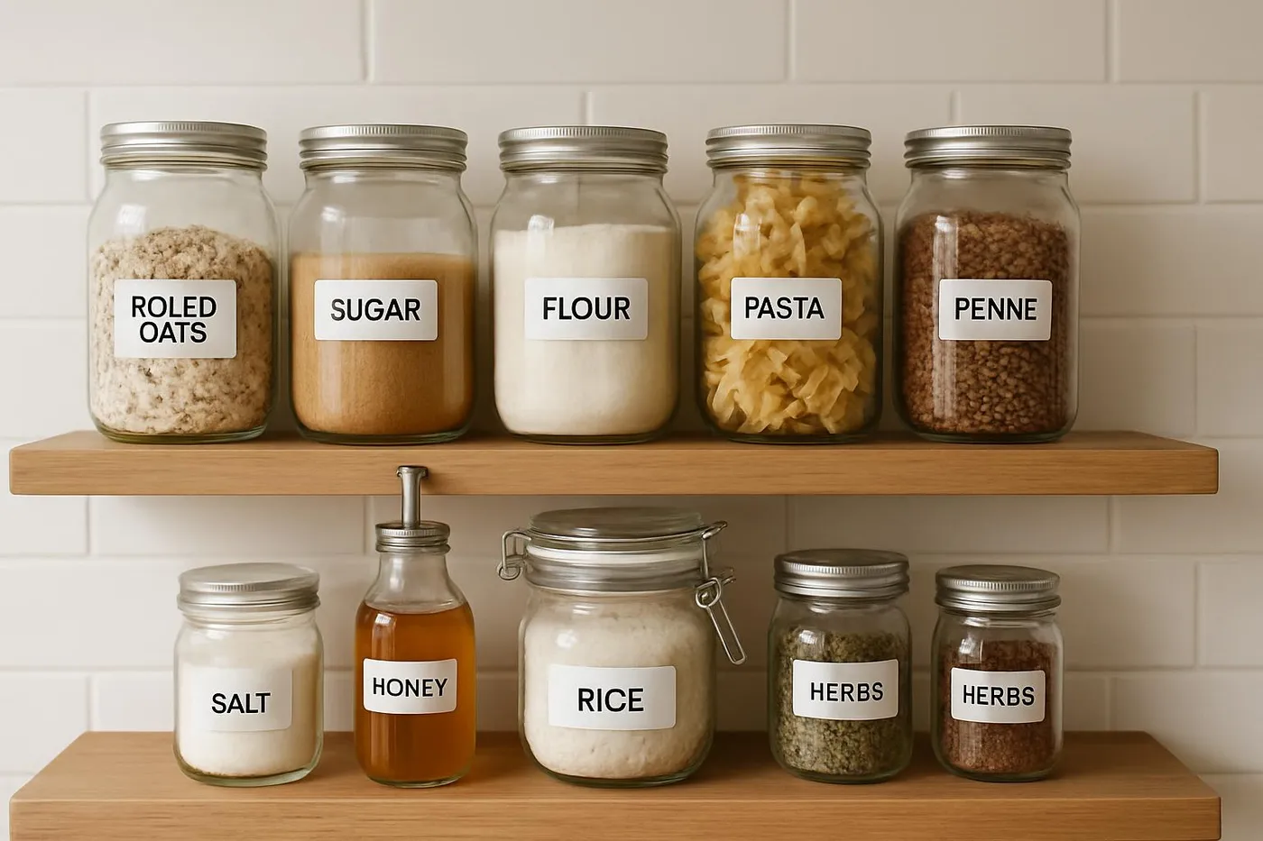 A tidy shelf of jars and containers with labeled contents in a kitchen