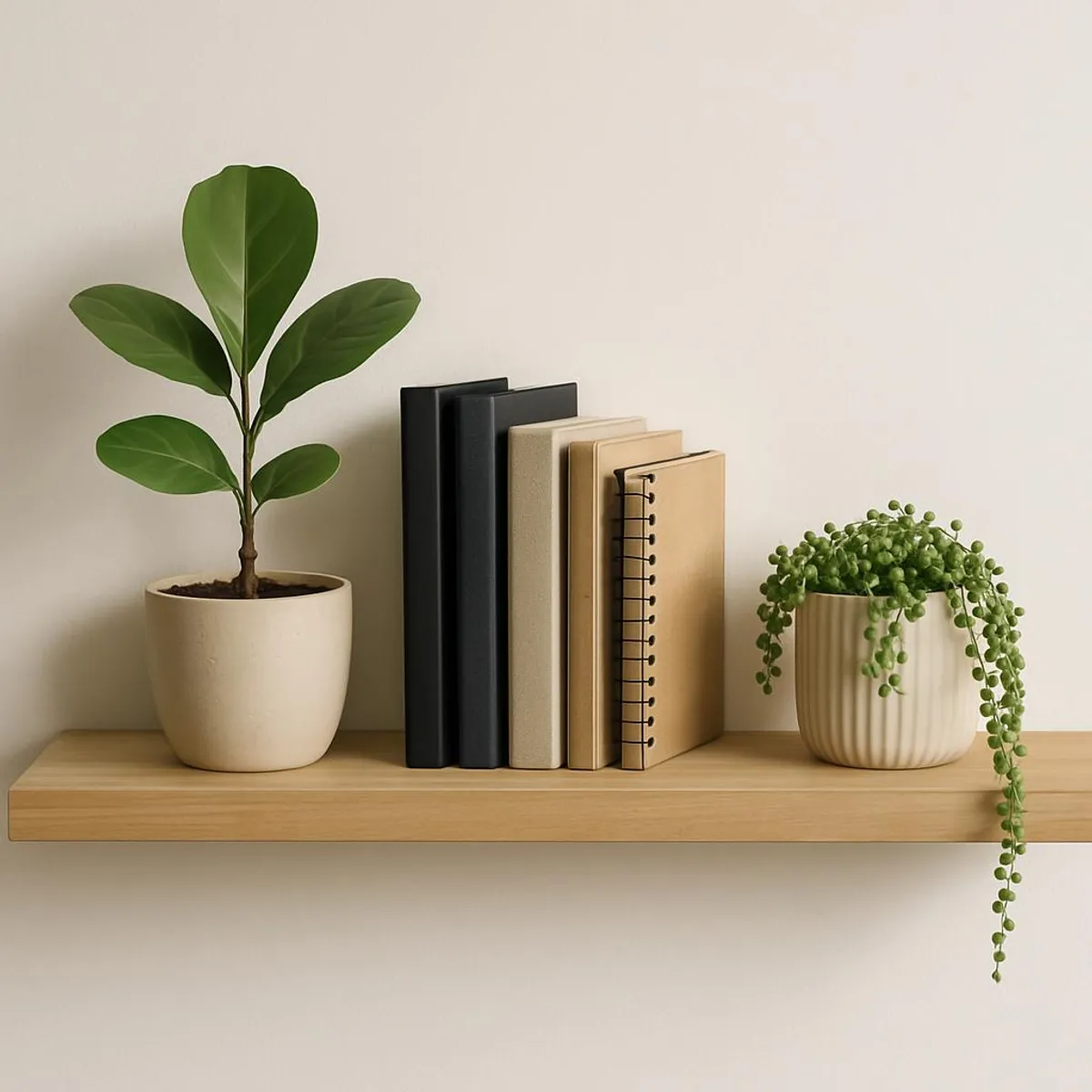 A tidy shelf with a few notebooks and plants—calm visual proof that less can be plenty.