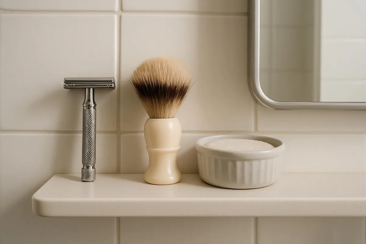 A tidy shelf with a safety razor, brush, and shave soap in a small bathroom