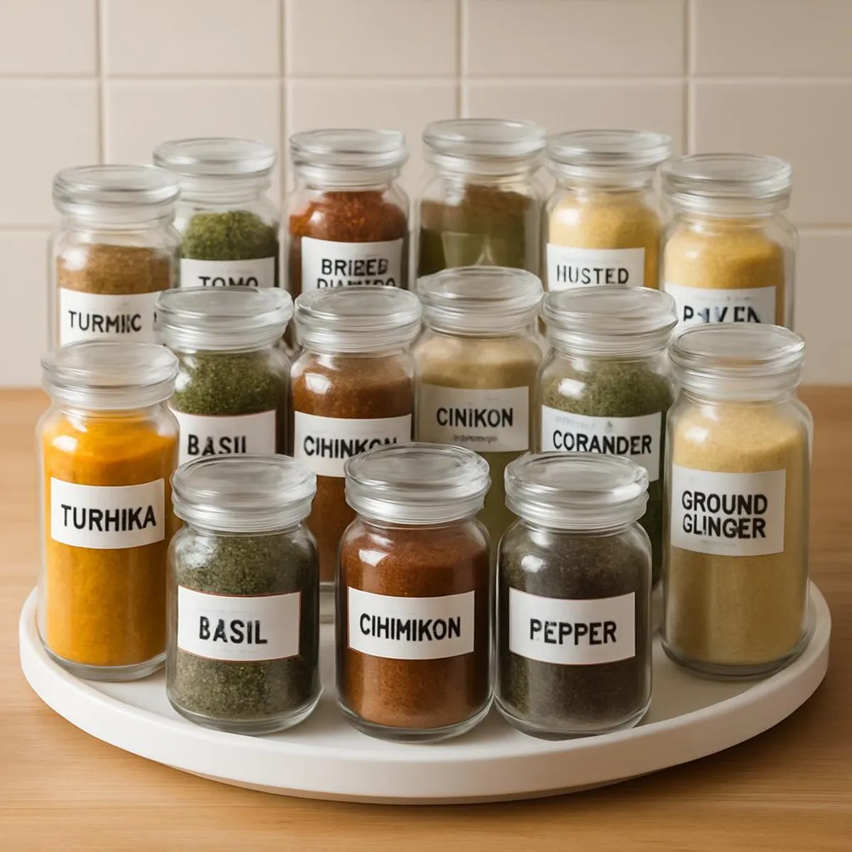 A tidy spice rack with labeled glass jars and a lazy susan turntable