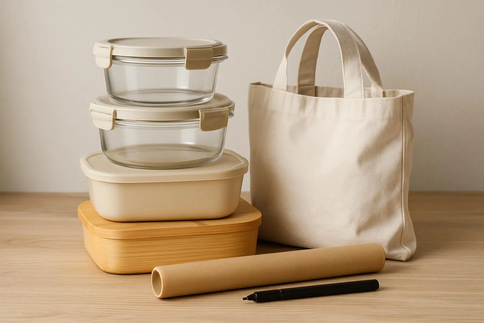 A tidy stack of reusable containers and bags next to a roll of parchment and marker