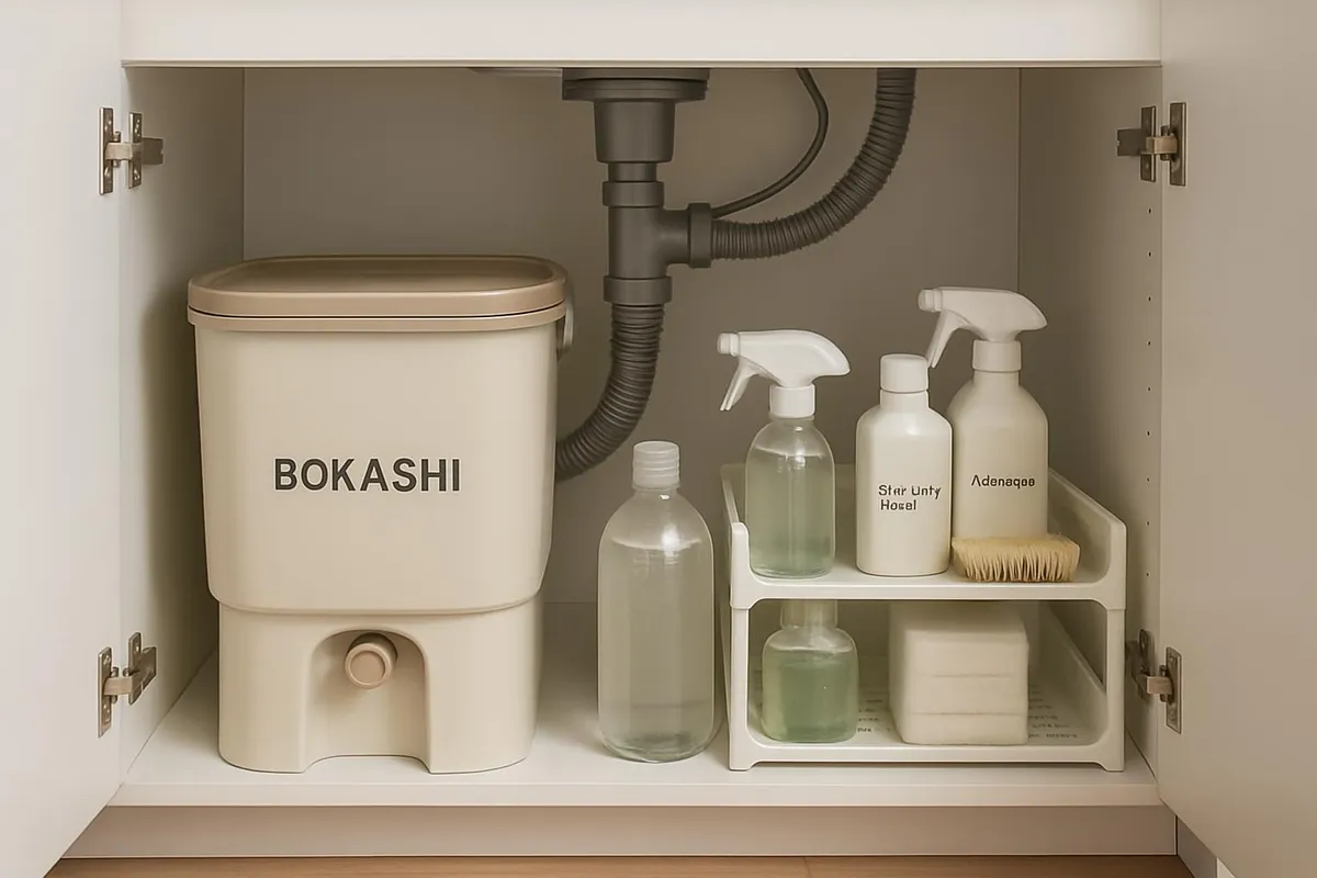 A tidy under-sink cabinet with a bokashi bucket tucked neatly beside cleaning products