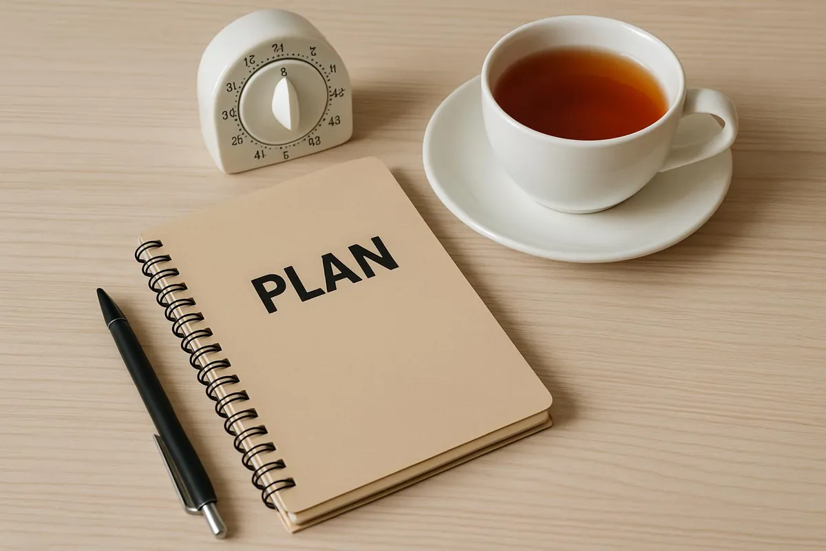 A tidy workspace with a notebook labeled plan, a timer, and a cup of tea